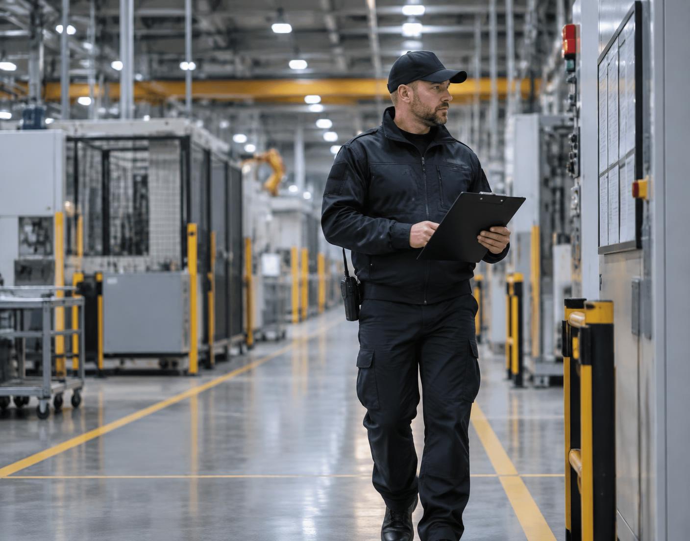 Sicherheitsmitarbeiter bei einem Kontrollgang in einem Industriebetrieb